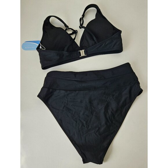 Womens Black V-Neck Bikini Swimsuit Set S High Waisted 2-Piece Bathing Suit - Picture 6 of 13
